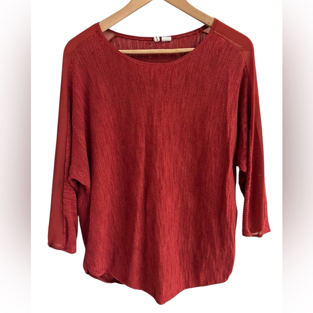 MOTH x Anthropologie Knit Top 3/4 Sheer-Sleeve-Panel Rust Size L Boho Henley